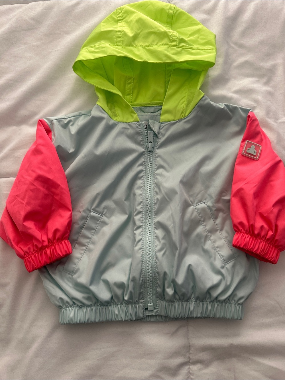 GAP Colorblock Hooded Rain Jacket - Neon Lime, Pink & Gray